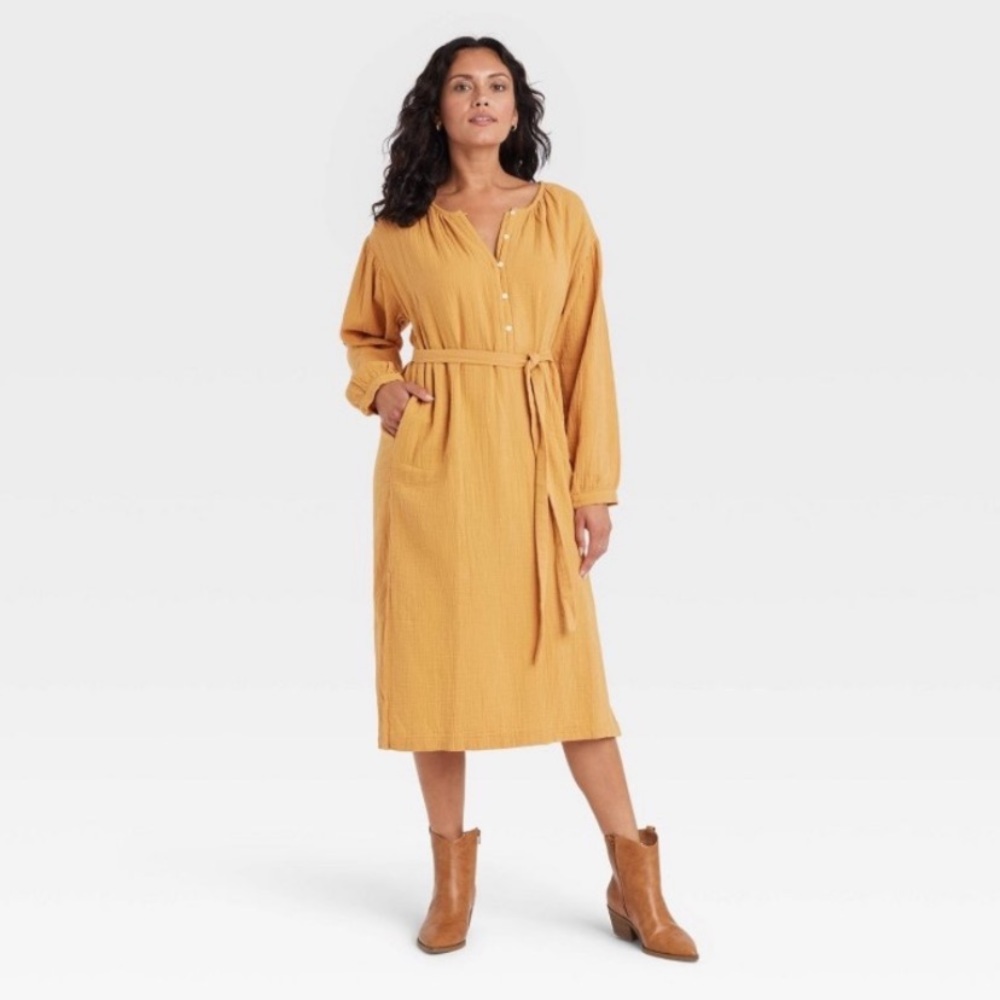 Universal Thread Long Balloon Sleeve Belted Cotton Gauze Midi Dress Size XS
